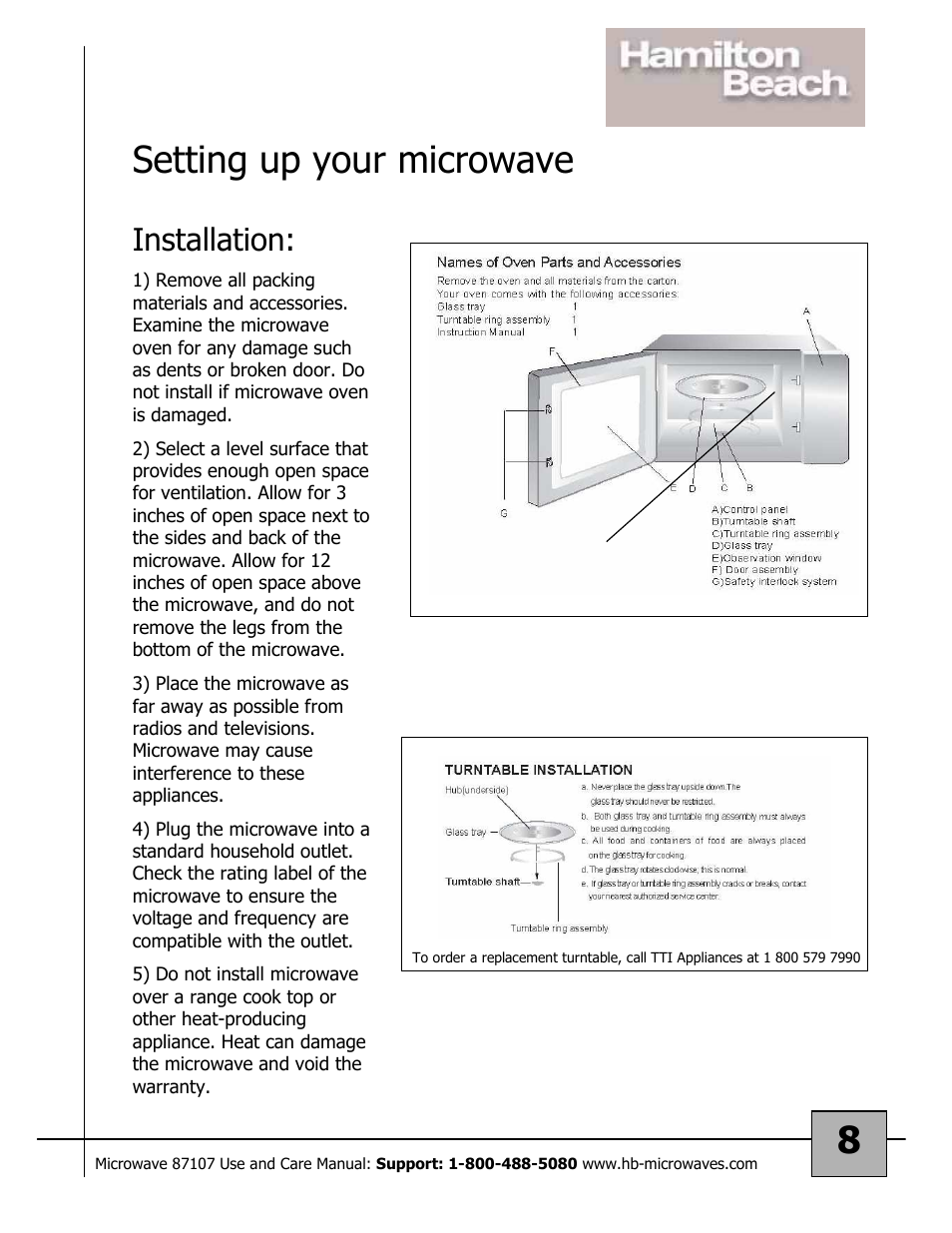 8setting up your microwave, Installation | Hamilton Beach 87107 User Manual | Page 8 / 19