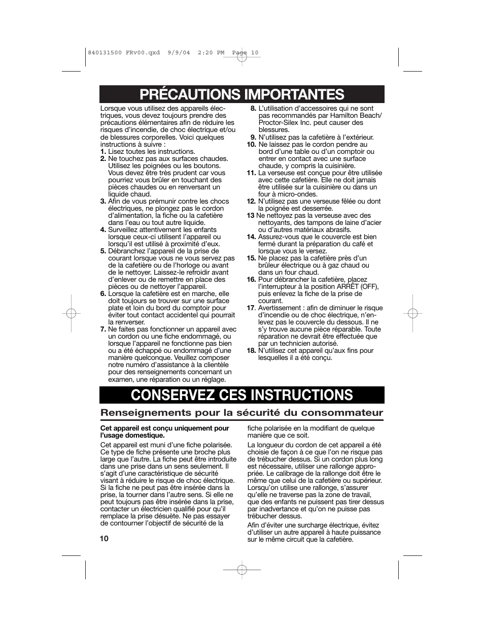 Conservez ces instructions, Précautions importantes | Hamilton Beach Stay or Go Coffeemaker User Manual | Page 10 / 28