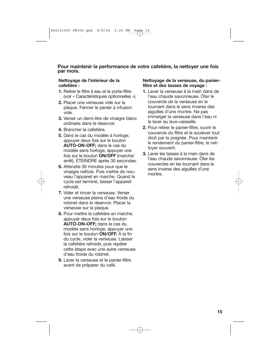 Nettoyage | Hamilton Beach Stay or Go Coffeemaker User Manual | Page 15 / 28