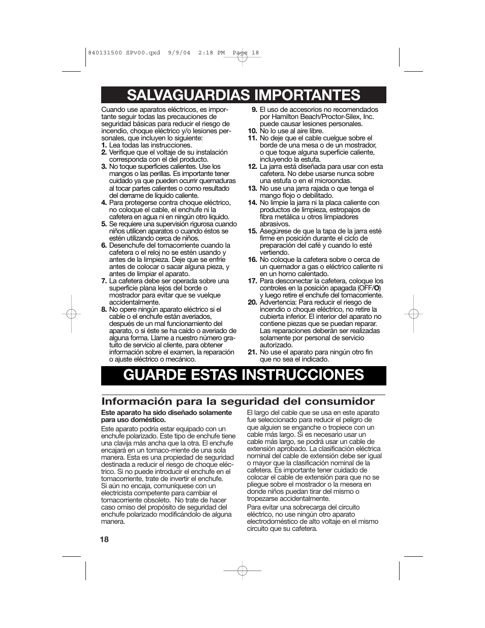 Información para la seguridad del consumidor | Hamilton Beach Stay or Go Coffeemaker User Manual | Page 18 / 28