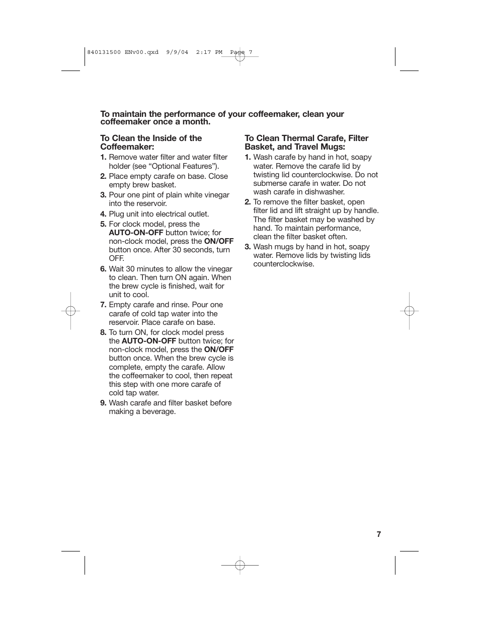 Cleaning | Hamilton Beach Stay or Go Coffeemaker User Manual | Page 7 / 28