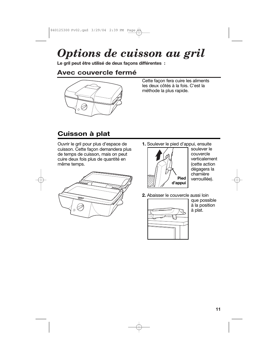 Options de cuisson au gril, Avec couvercle fermé, Cuisson à plat | Hamilton Beach 25295 User Manual | Page 11 / 24