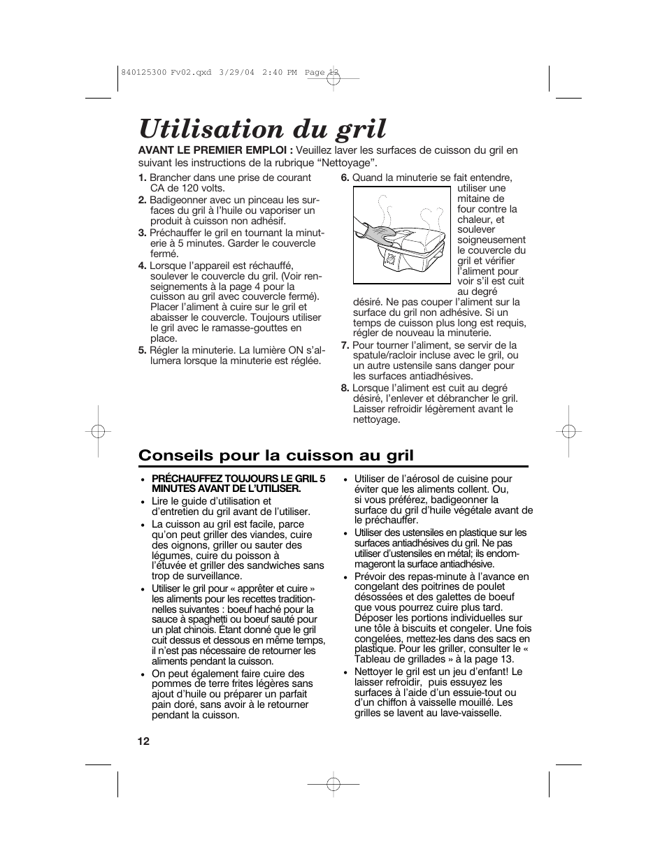 Utilisation du gril, Conseils pour la cuisson au gril | Hamilton Beach 25295 User Manual | Page 12 / 24