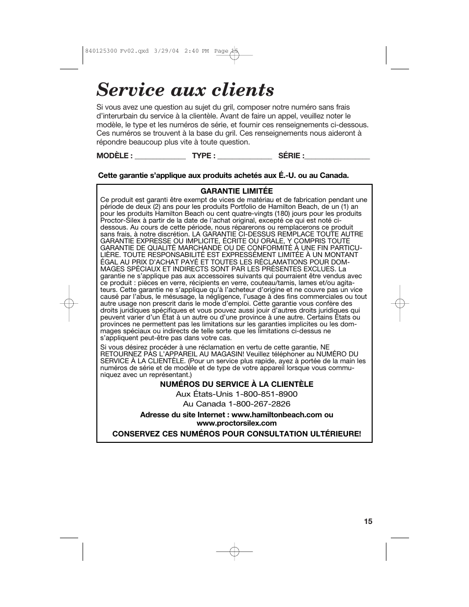 Service aux clients | Hamilton Beach 25295 User Manual | Page 15 / 24