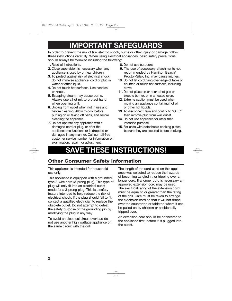 Important safeguards save these instructions | Hamilton Beach 25295 User Manual | Page 2 / 24