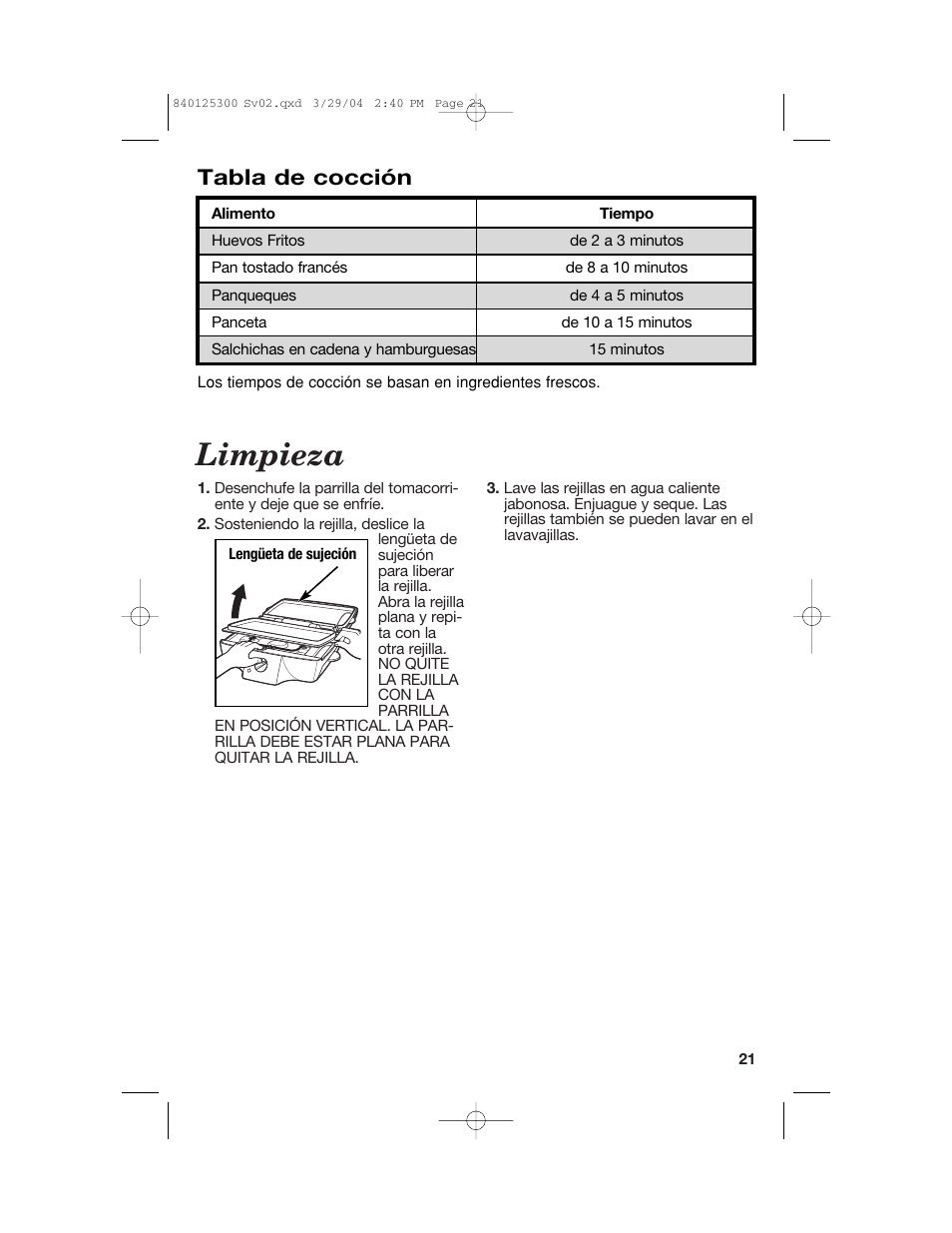 Limpieza, Tabla de cocción | Hamilton Beach 25295 User Manual | Page 21 / 24