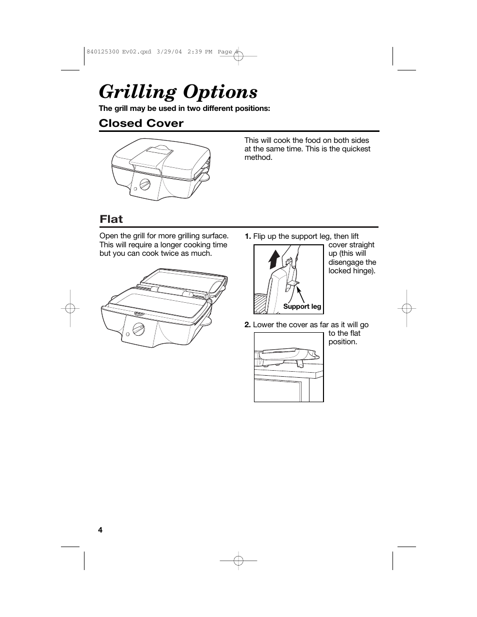 Grilling options, Flat, Closed cover | Hamilton Beach 25295 User Manual | Page 4 / 24