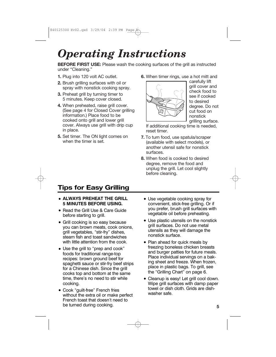 Operating instructions, Tips for easy grilling | Hamilton Beach 25295 User Manual | Page 5 / 24