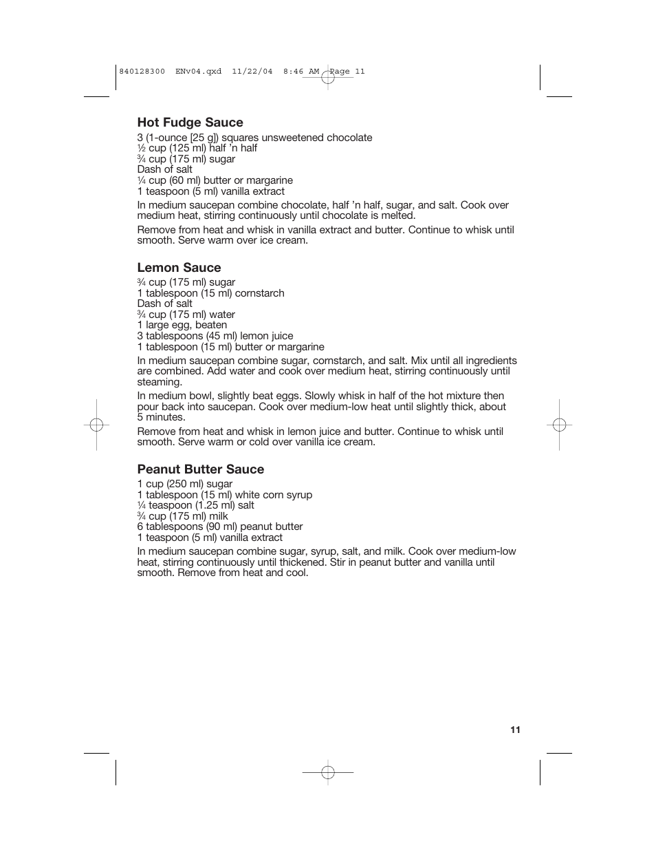 Hot fudge sauce, Lemon sauce, Peanut butter sauce | Hamilton Beach 68330 User Manual | Page 11 / 32