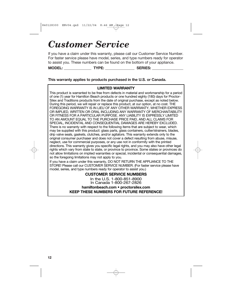 Customer service | Hamilton Beach 68330 User Manual | Page 12 / 32