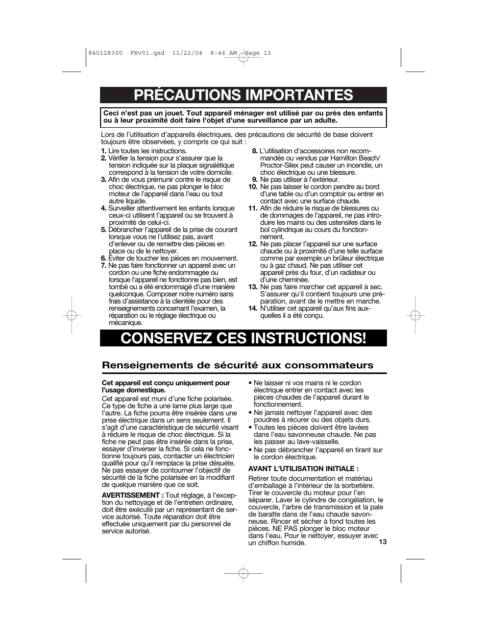 Précautions importantes conservez ces instructions | Hamilton Beach 68330 User Manual | Page 13 / 32