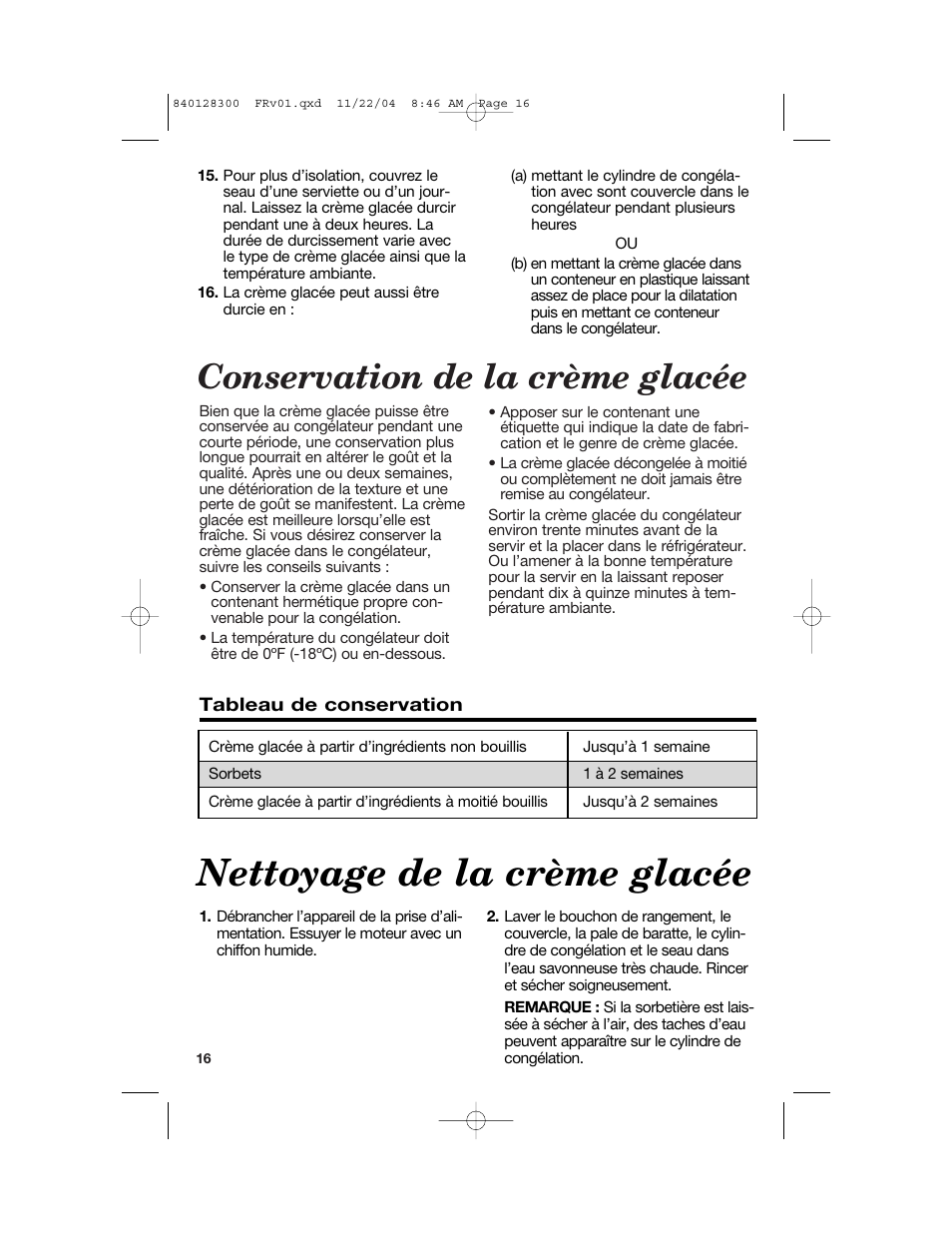 Nettoyage de la crème glacée, Conservation de la crème glacée | Hamilton Beach 68330 User Manual | Page 16 / 32