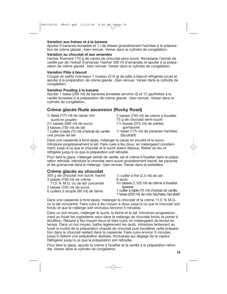 Crème glacée rude ascension (rocky road), Crème glacée au chocolat | Hamilton Beach 68330 User Manual | Page 19 / 32