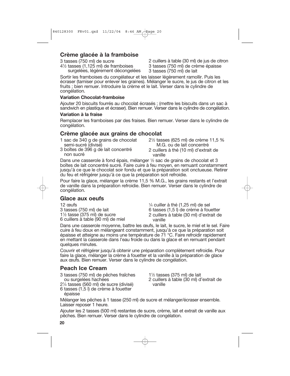 Crème glacée à la framboise, Crème glacée aux grains de chocolat, Glace aux oeufs | Peach ice cream | Hamilton Beach 68330 User Manual | Page 20 / 32