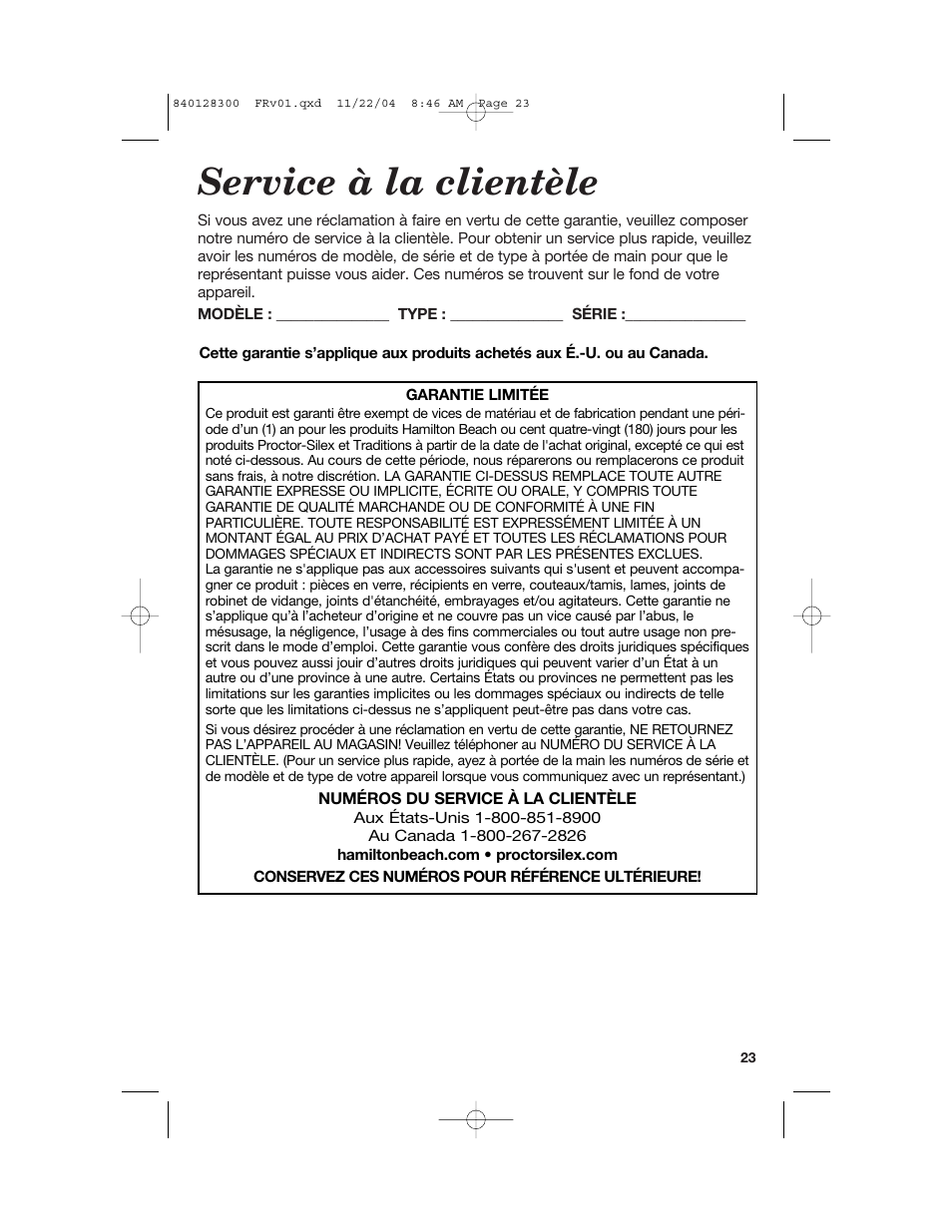 Service à la clientèle | Hamilton Beach 68330 User Manual | Page 23 / 32