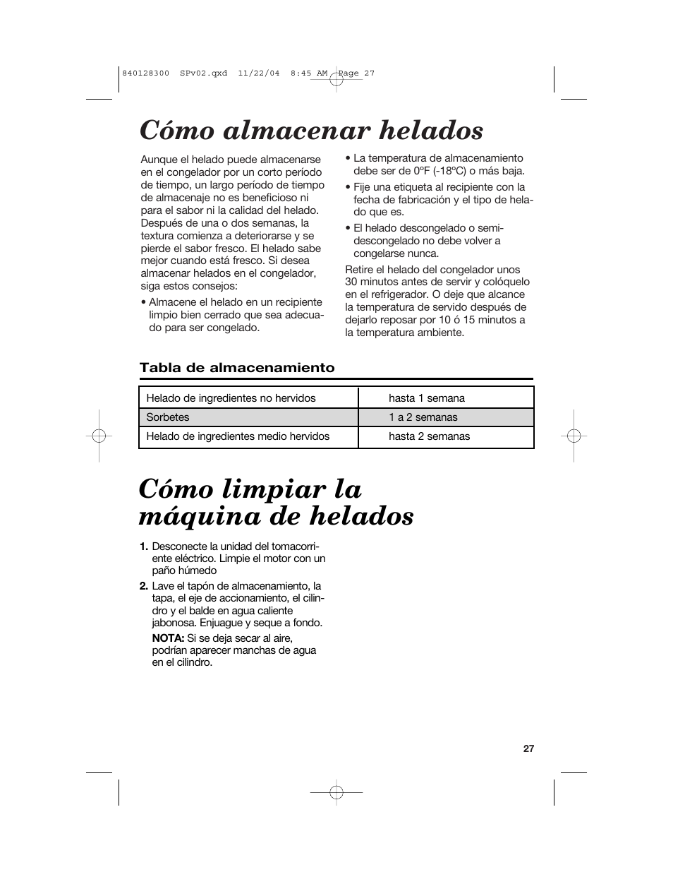 Cómo almacenar helados, Cómo limpiar la máquina de helados | Hamilton Beach 68330 User Manual | Page 27 / 32