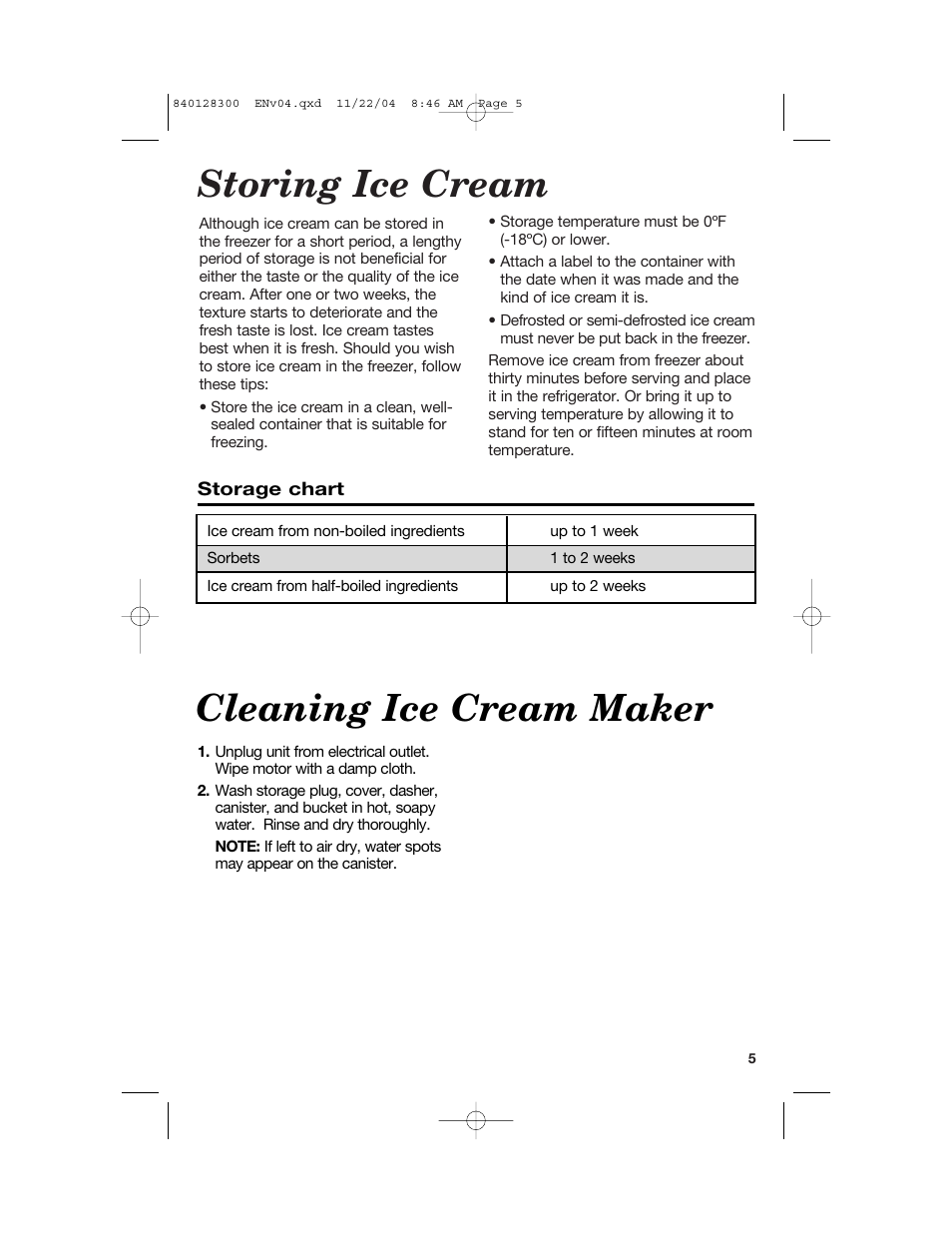 Storing ice cream, Cleaning ice cream maker | Hamilton Beach 68330 User Manual | Page 5 / 32