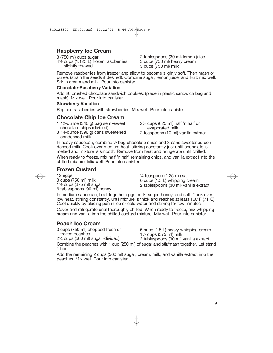 Raspberry ice cream, Chocolate chip ice cream, Frozen custard | Peach ice cream | Hamilton Beach 68330 User Manual | Page 9 / 32