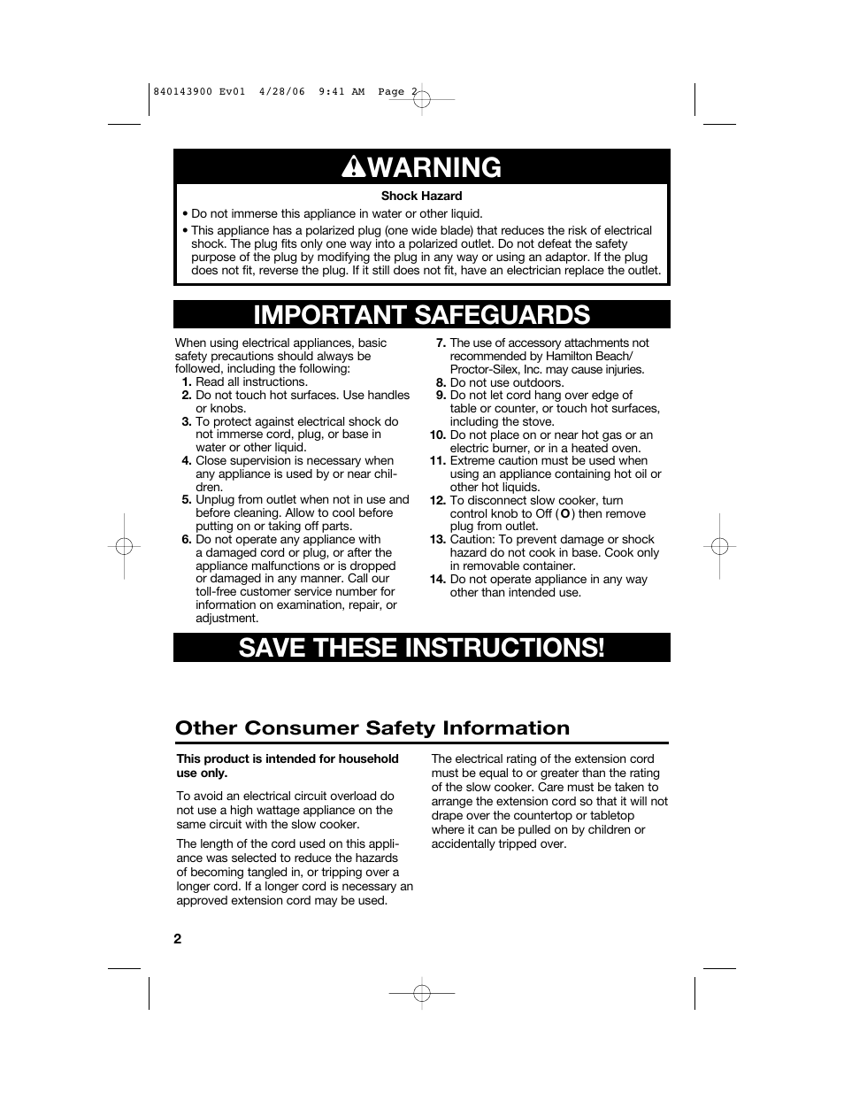 W warning, Important safeguards save these instructions, Other consumer safety information | Hamilton Beach 840143900 User Manual | Page 2 / 8