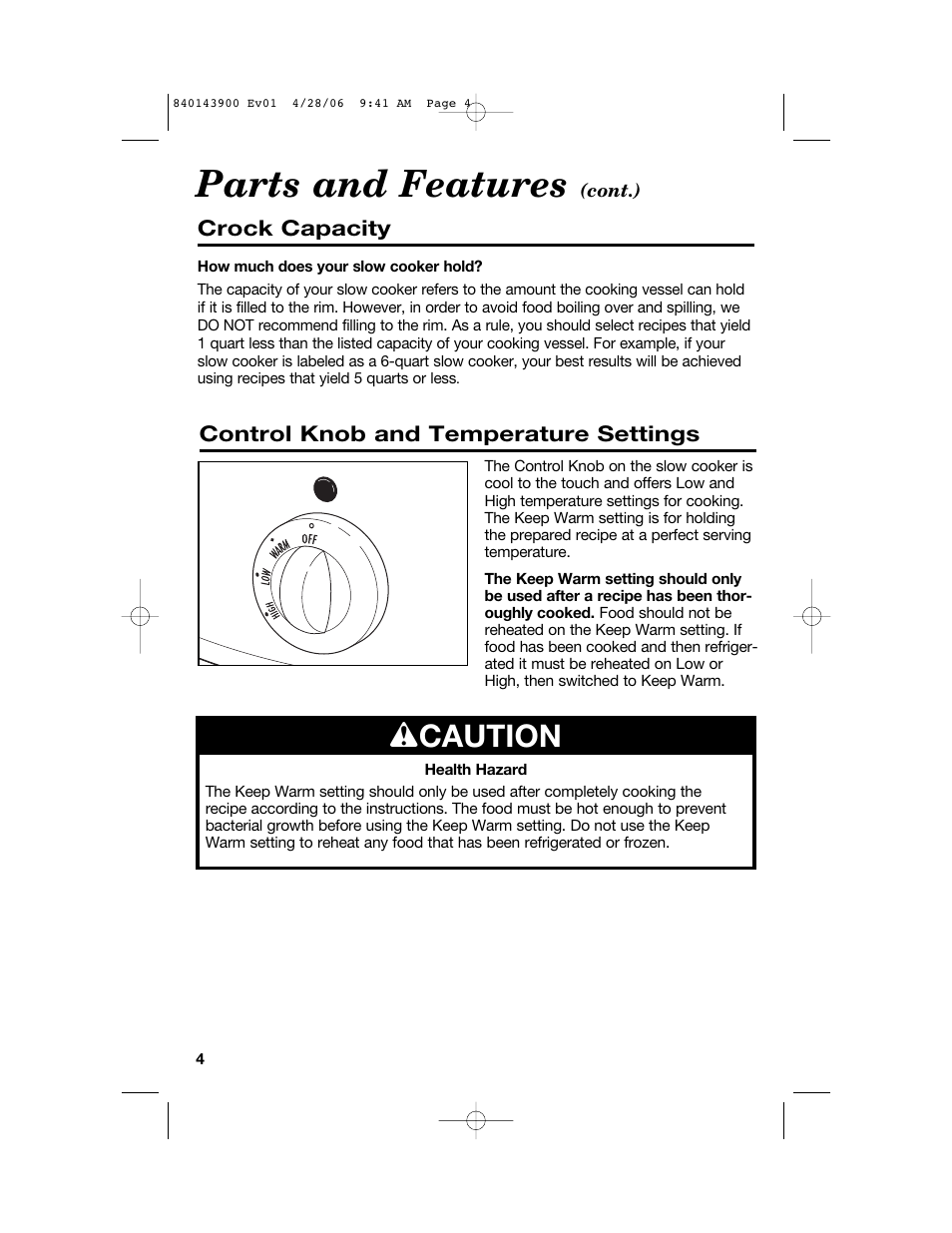 Parts and features, W caution | Hamilton Beach 840143900 User Manual | Page 4 / 8
