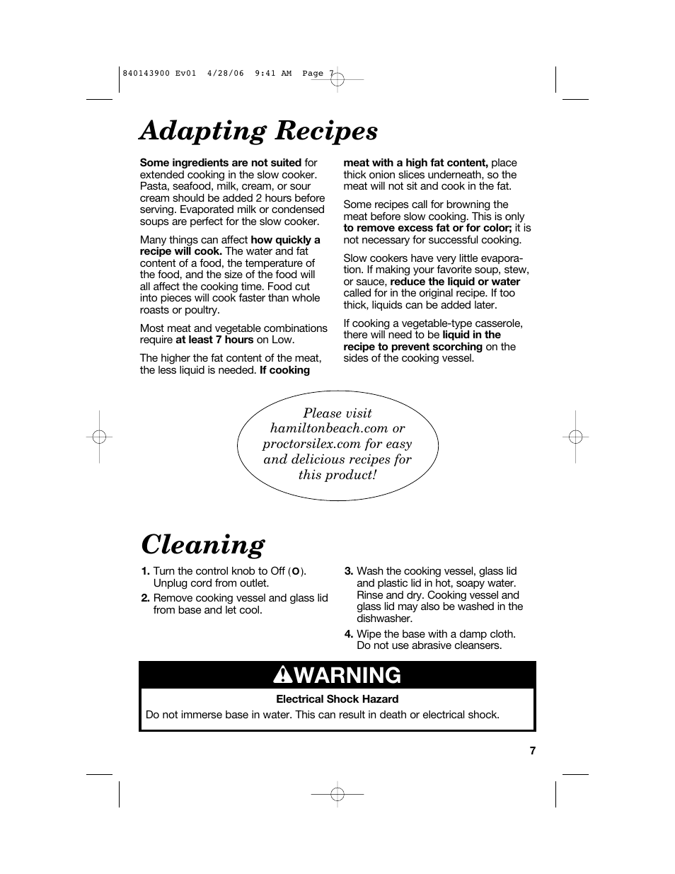 Adapting recipes, Cleaning, W warning | Hamilton Beach 840143900 User Manual | Page 7 / 8
