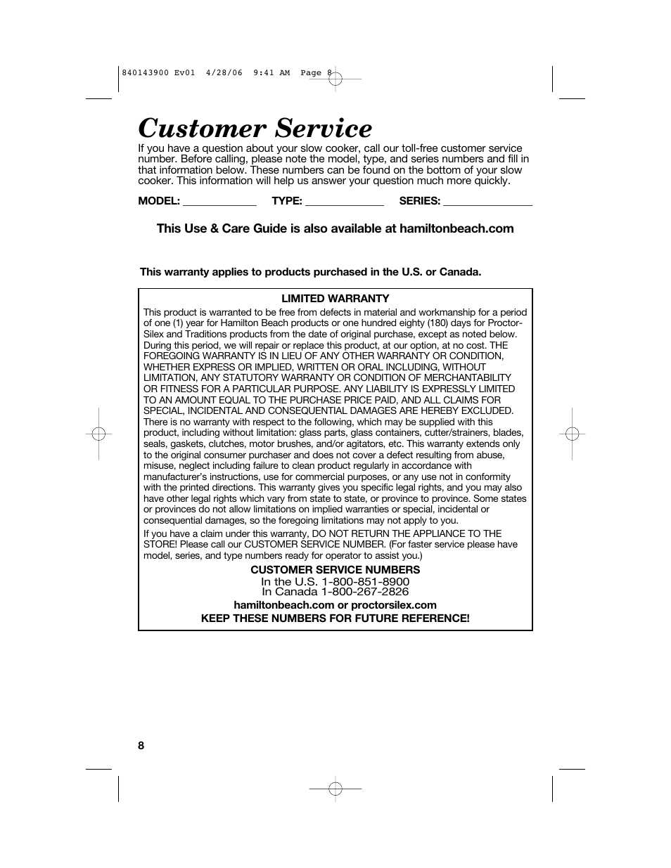 Customer service | Hamilton Beach 840143900 User Manual | Page 8 / 8