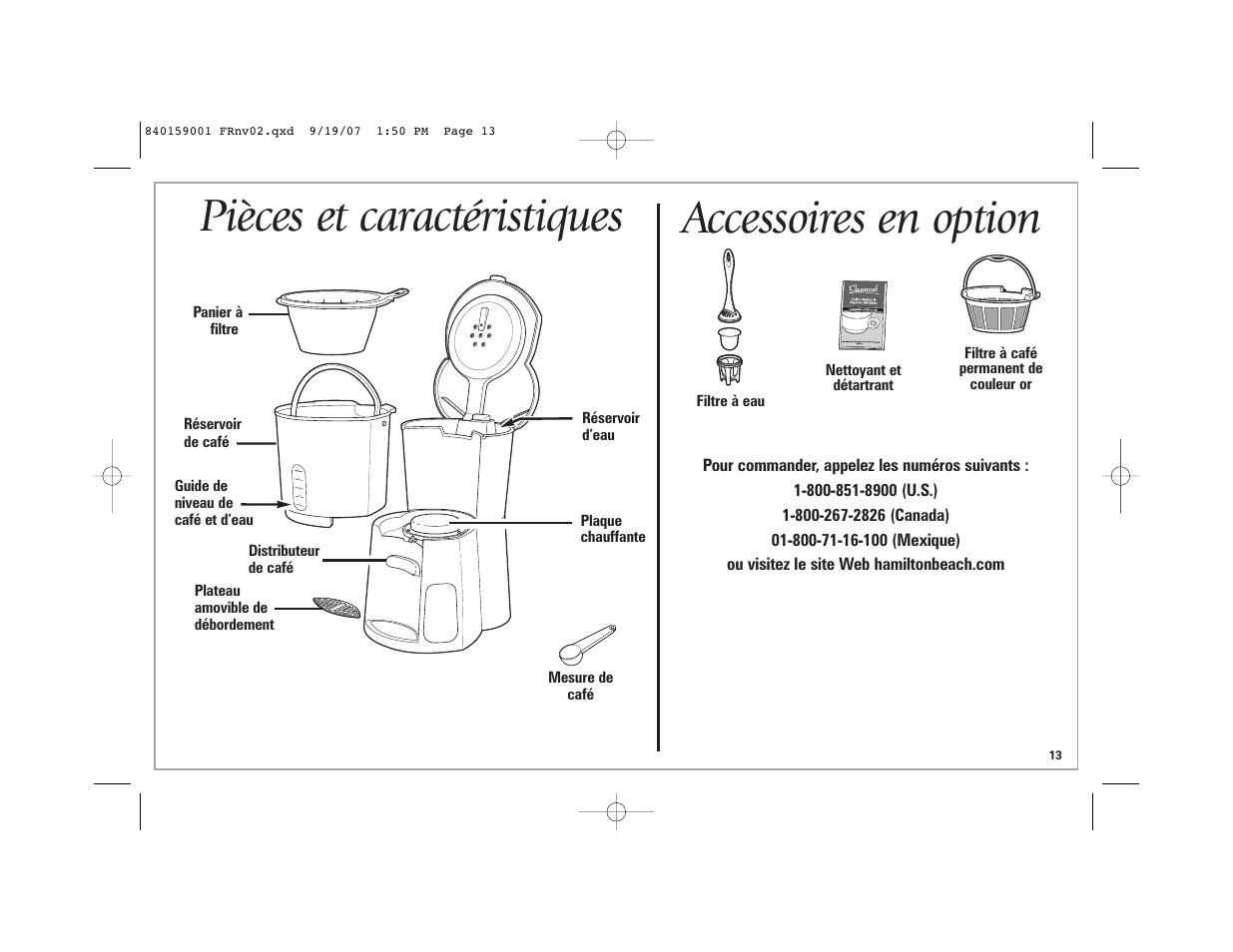Pièces et caractéristiques, Accessoires en option | Hamilton Beach 47374 User Manual | Page 13 / 32