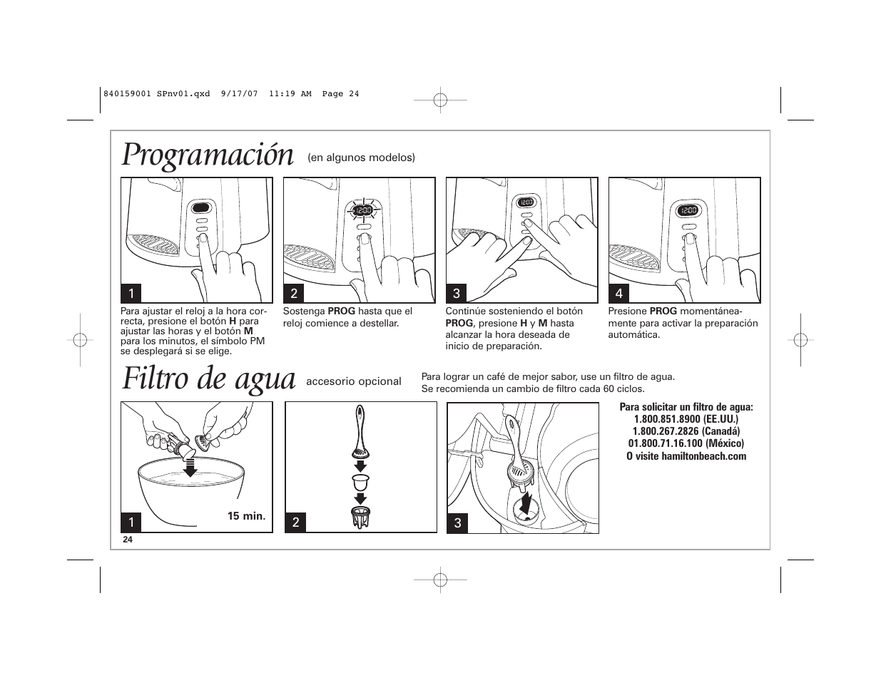 Programación, Filtro de agua | Hamilton Beach 47374 User Manual | Page 24 / 32