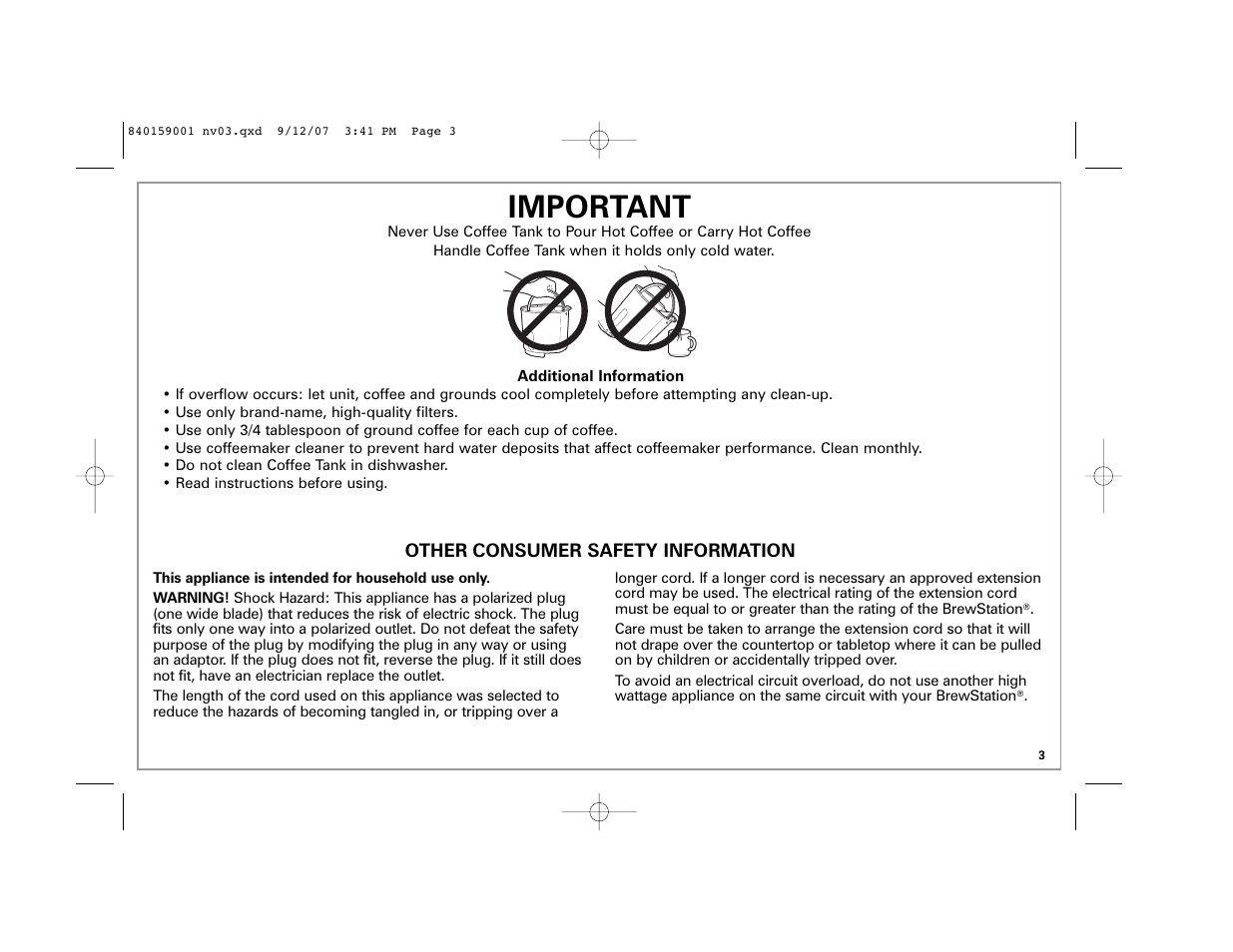 Important | Hamilton Beach 47374 User Manual | Page 3 / 32