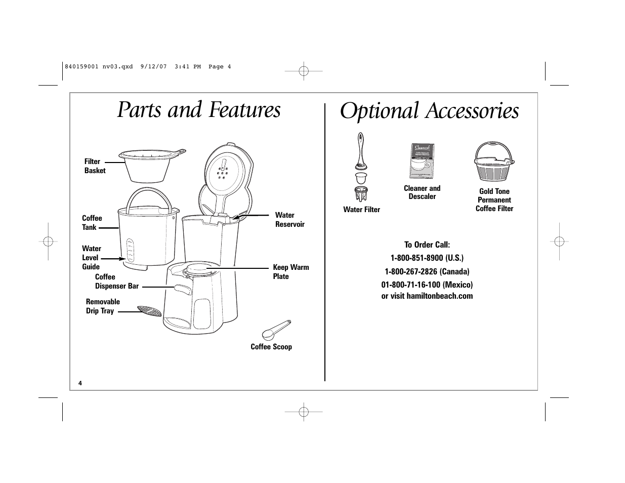 Parts and features, Optional accessories | Hamilton Beach 47374 User Manual | Page 4 / 32