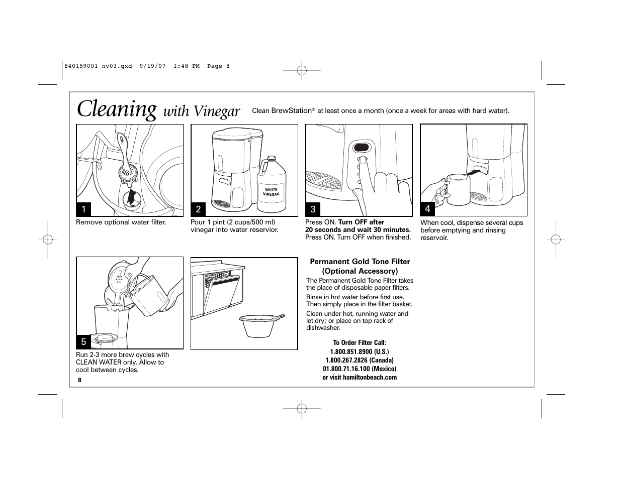 Cleaning, With vinegar | Hamilton Beach 47374 User Manual | Page 8 / 32