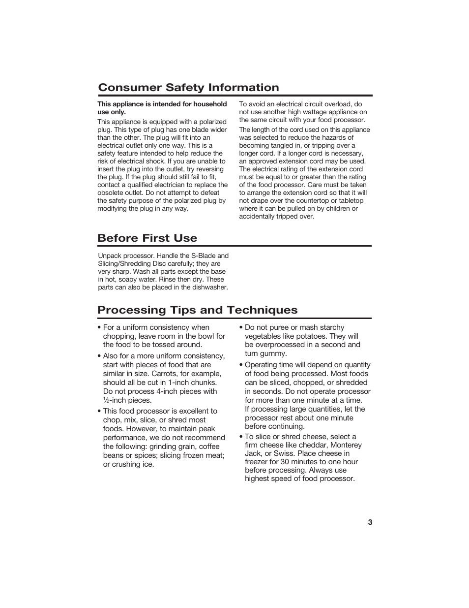 Consumer safety information, Before first use, Processing tips and techniques | Hamilton Beach 840072000 User Manual | Page 3 / 9