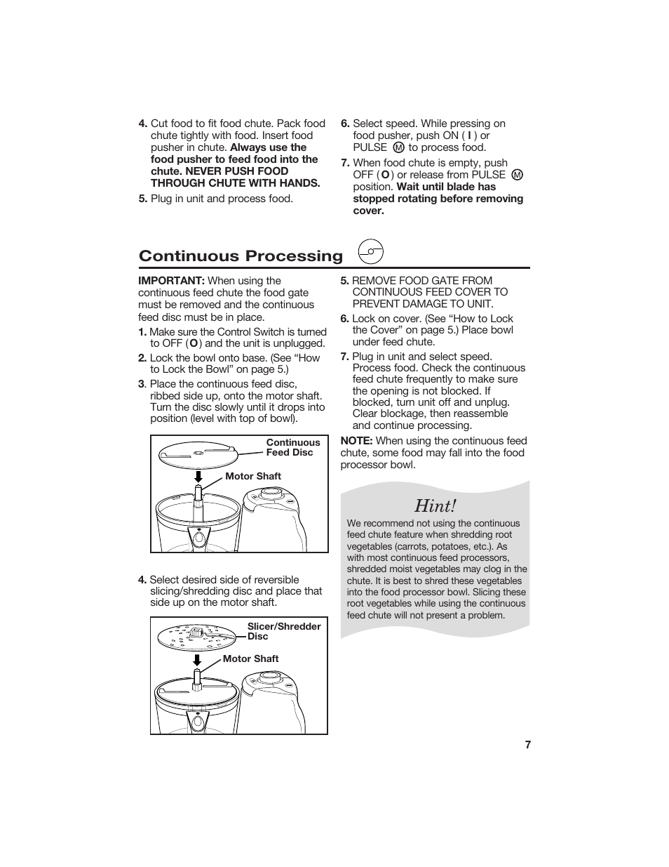Hint, Continuous processing | Hamilton Beach 840072000 User Manual | Page 7 / 9