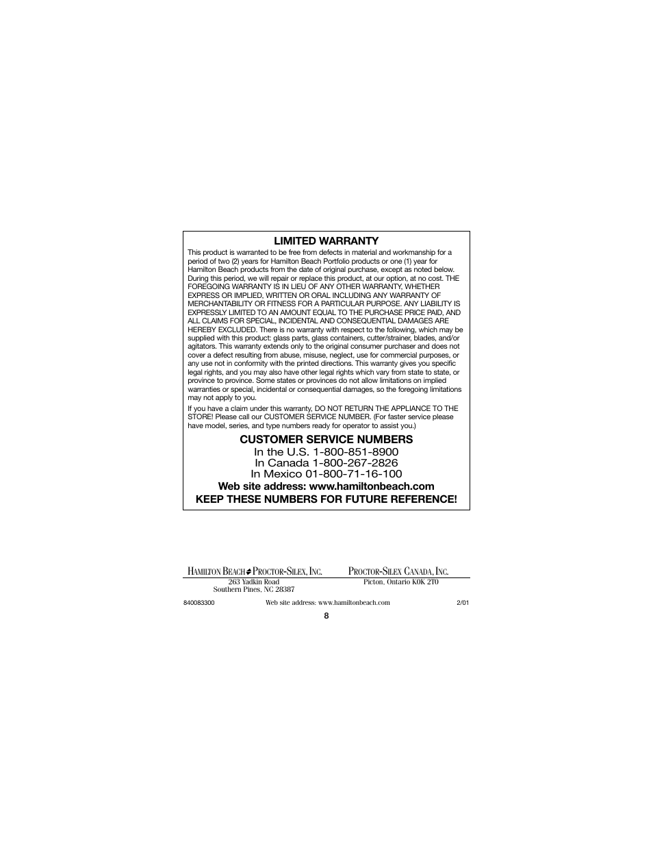 Hamilton Beach 840083300 User Manual | Page 8 / 8