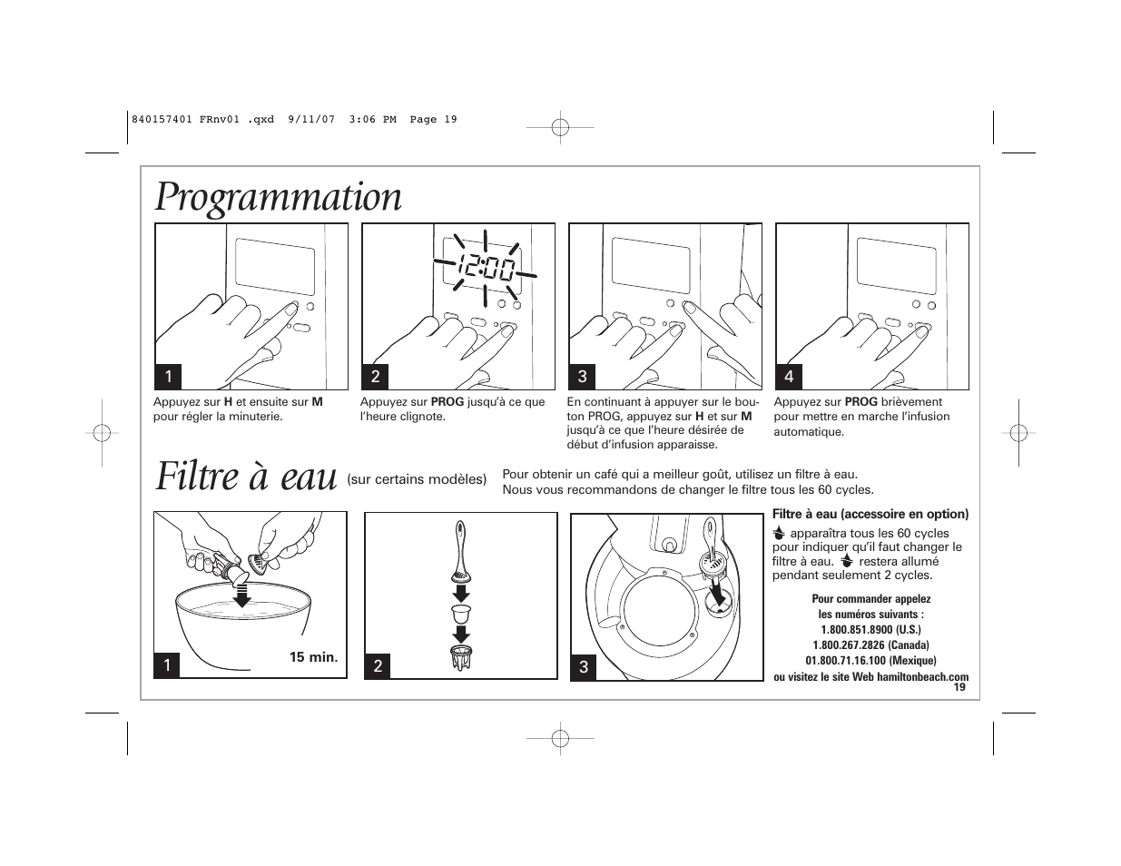 Programmation, Filtre à eau | Hamilton Beach 47334C User Manual | Page 19 / 36