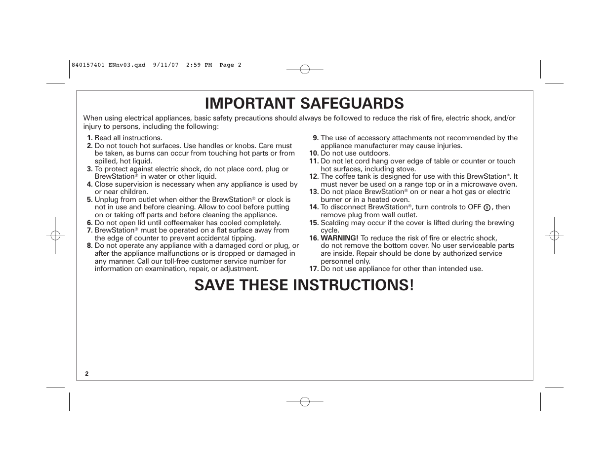 Important safeguards, Save these instructions | Hamilton Beach 47334C User Manual | Page 2 / 36