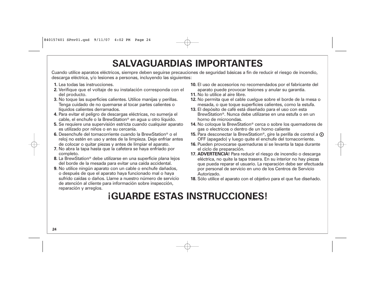 Salvaguardias importantes, Guarde estas instrucciones | Hamilton Beach 47334C User Manual | Page 24 / 36