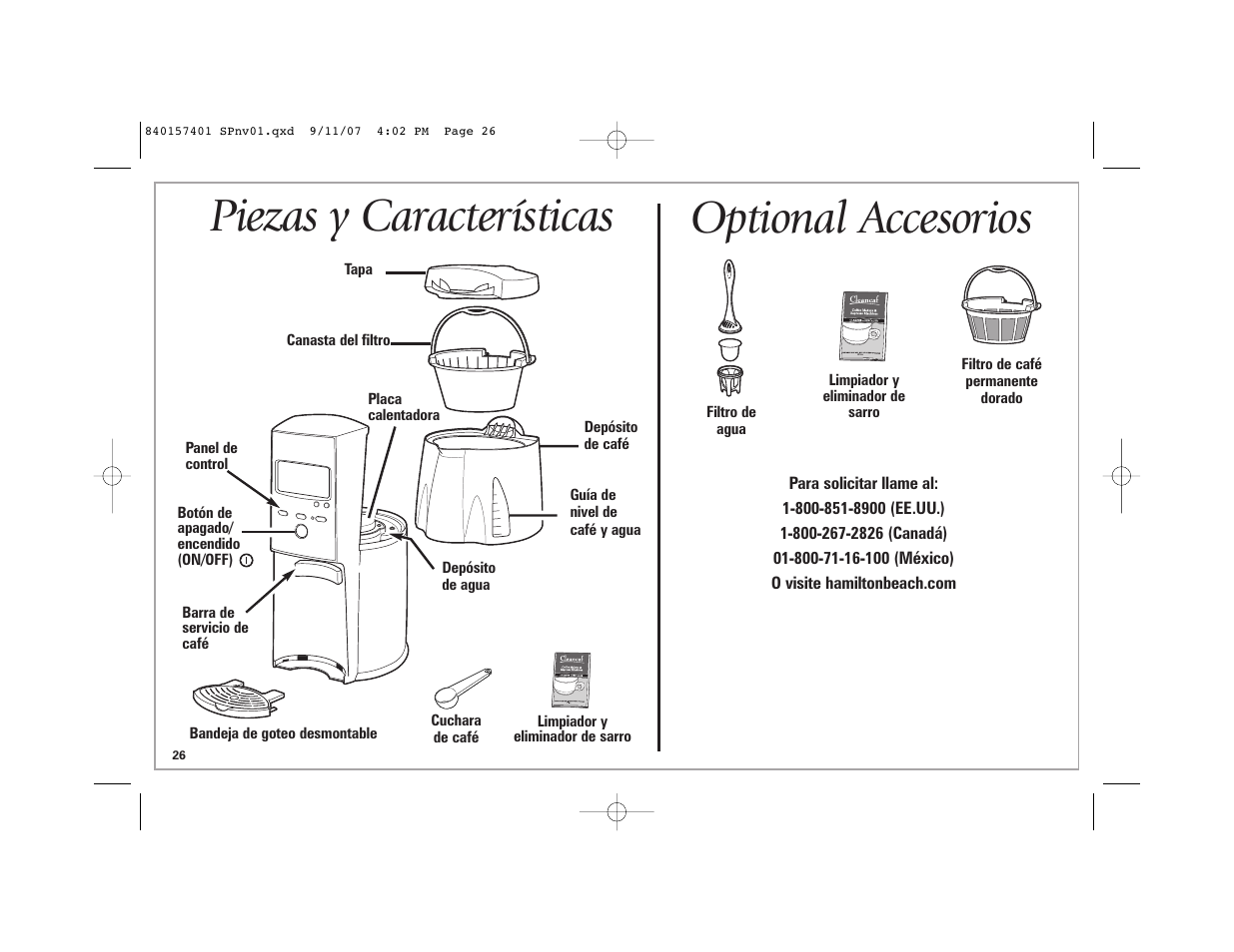 Piezas y características, Optional accesorios | Hamilton Beach 47334C User Manual | Page 26 / 36