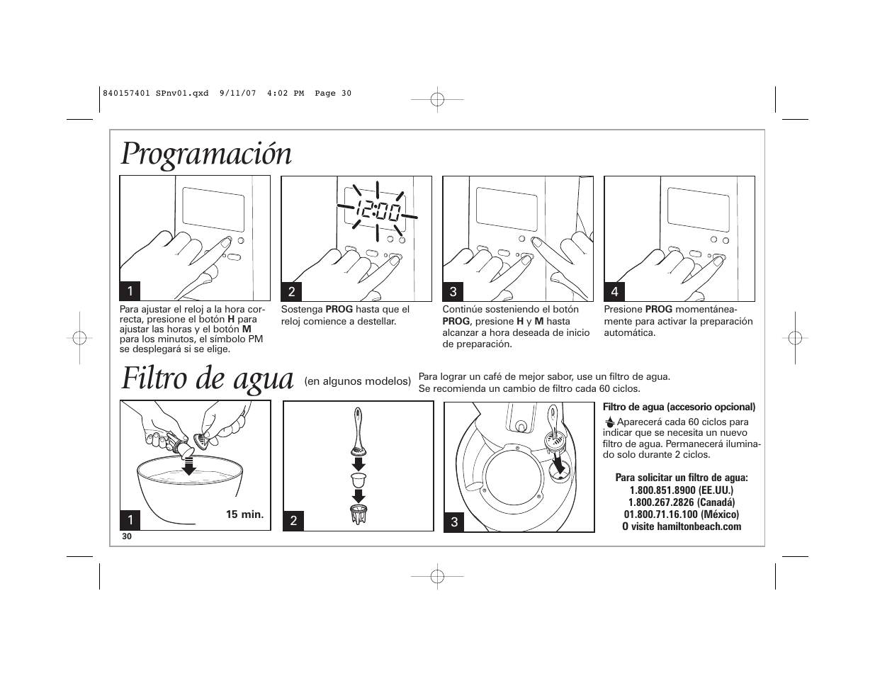 Programación, Filtro de agua | Hamilton Beach 47334C User Manual | Page 30 / 36