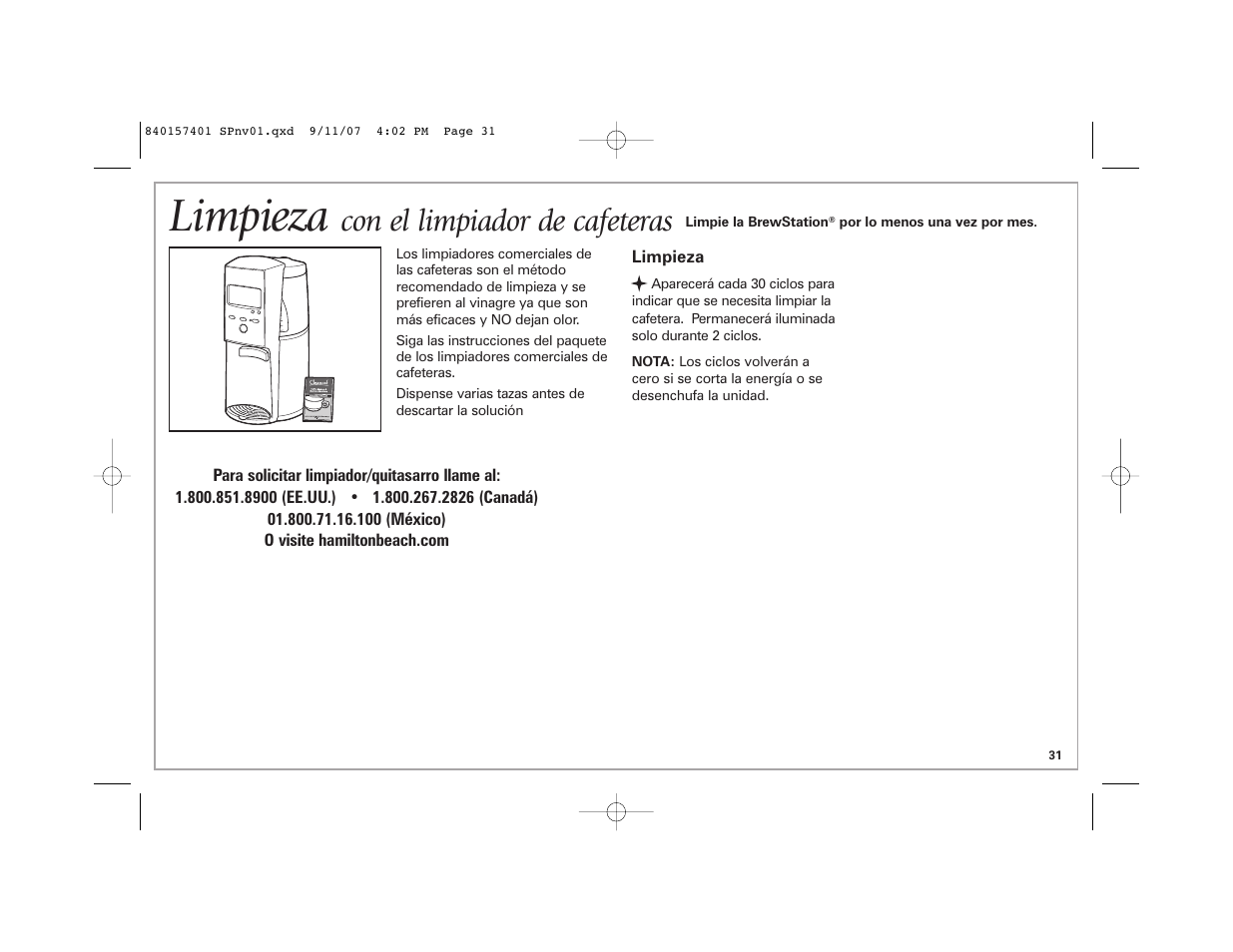 Limpieza, Con el limpiador de cafeteras | Hamilton Beach 47334C User Manual | Page 31 / 36