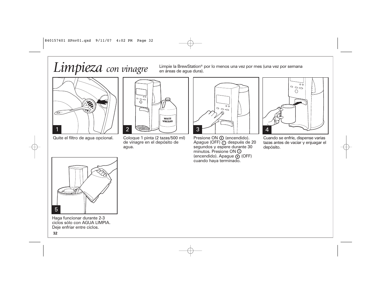 Limpieza, Con vinagre | Hamilton Beach 47334C User Manual | Page 32 / 36