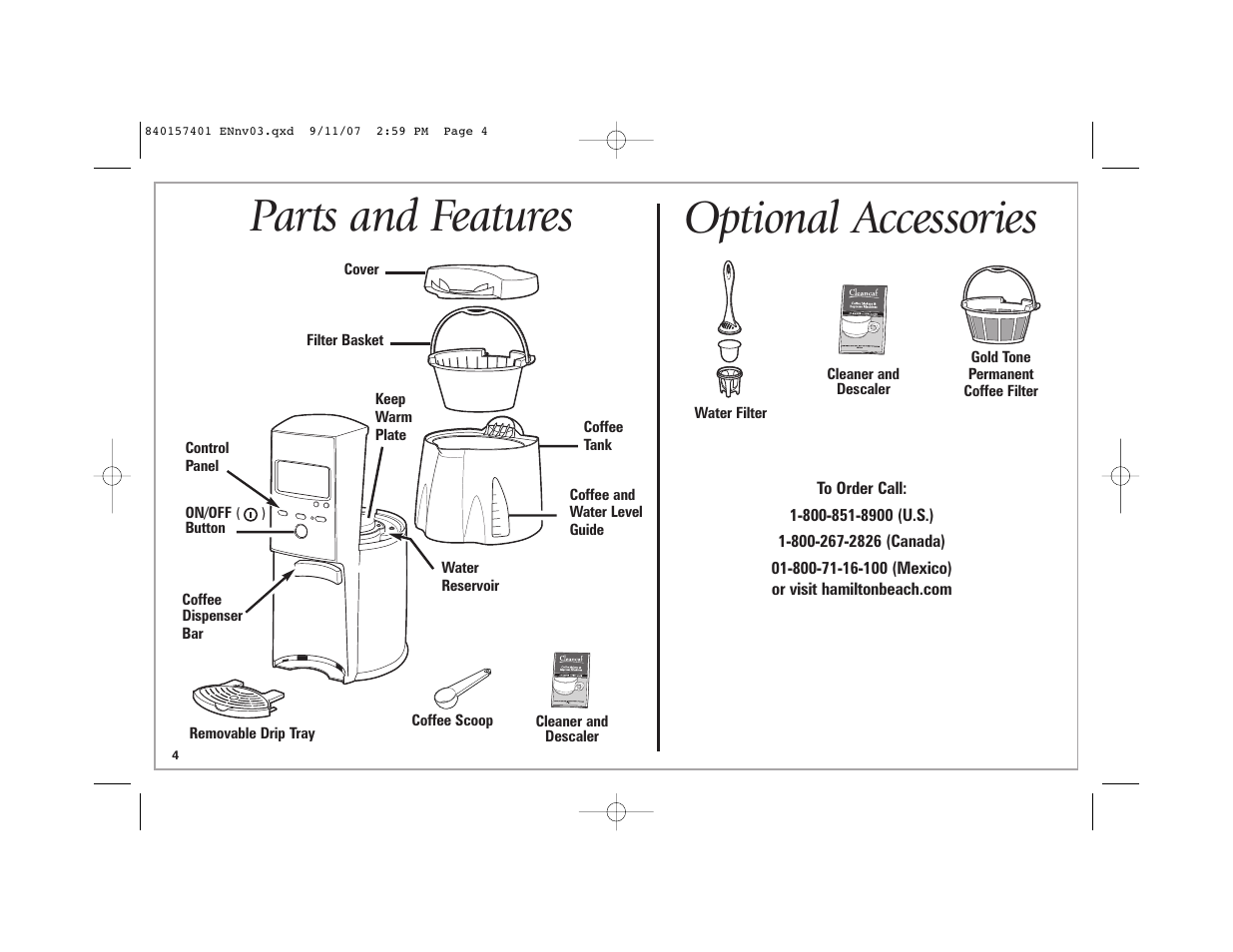 Parts and features, Optional accessories | Hamilton Beach 47334C User Manual | Page 4 / 36