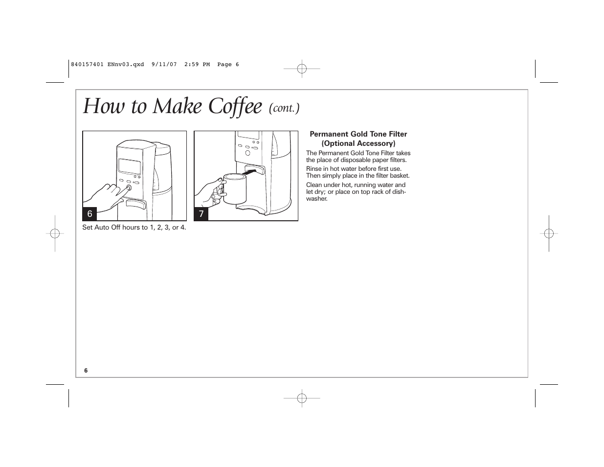 How to make coffee, Cont.) | Hamilton Beach 47334C User Manual | Page 6 / 36