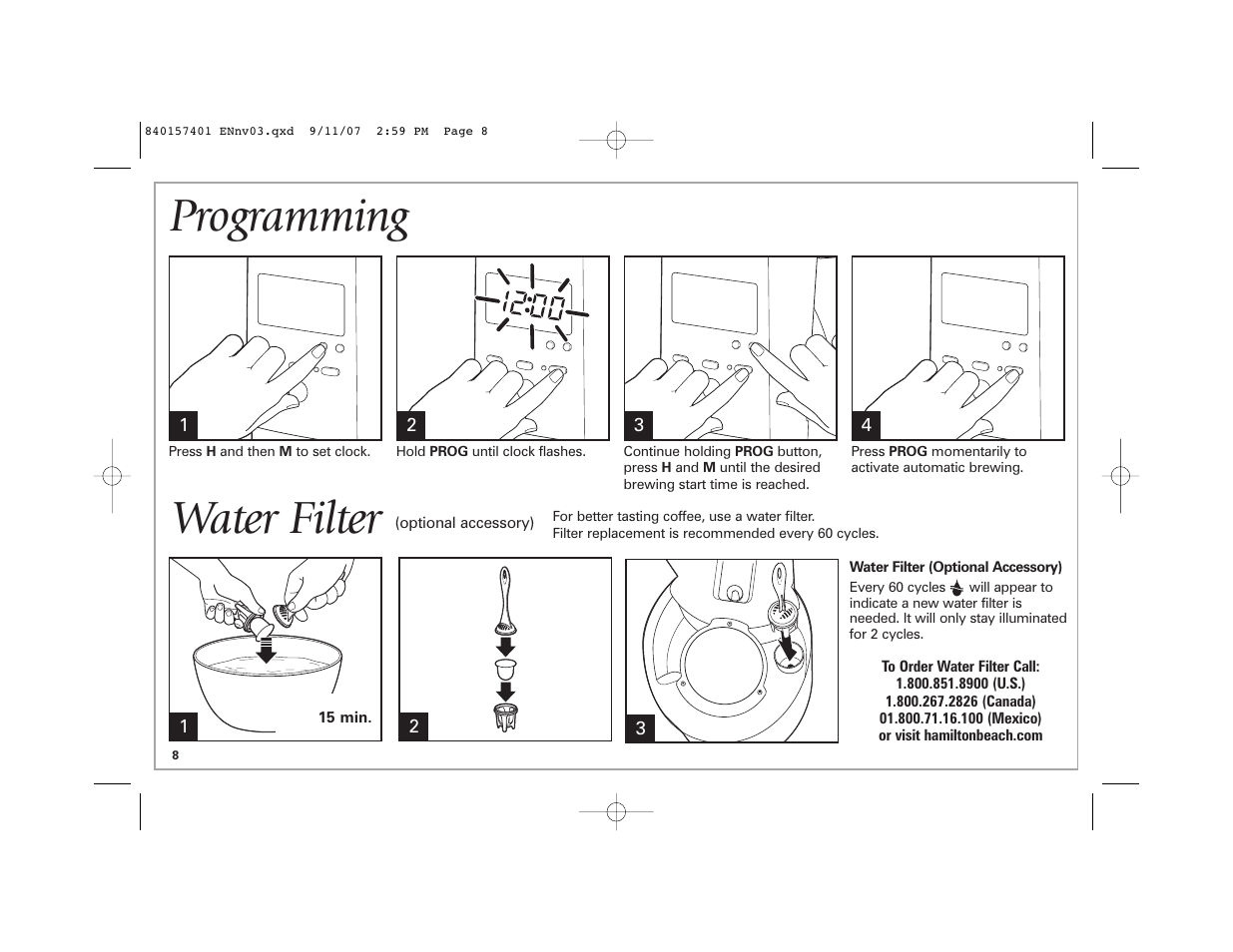 Programming, Water filter | Hamilton Beach 47334C User Manual | Page 8 / 36