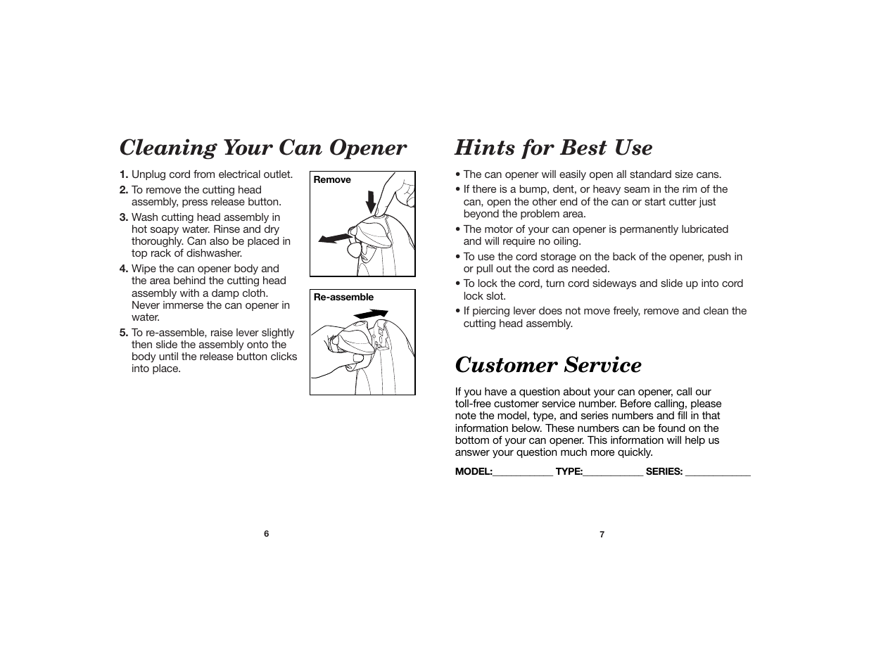 Hints for best use, Cleaning your can opener, Customer service | Hamilton Beach 840091200 User Manual | Page 4 / 5