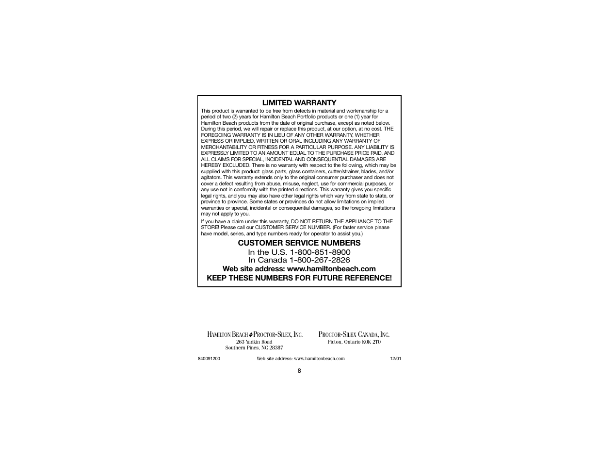Hamilton Beach 840091200 User Manual | Page 5 / 5