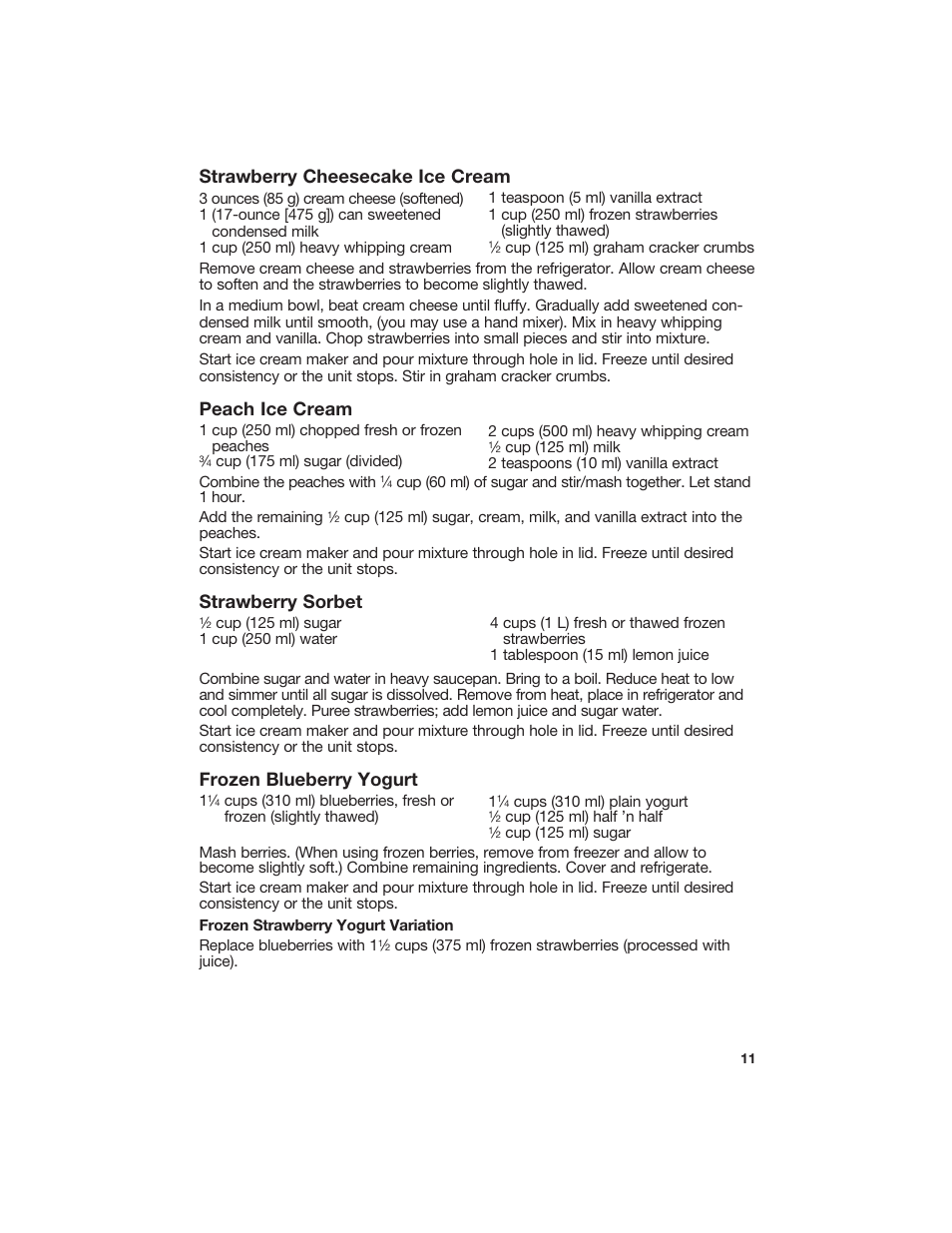 Strawberry cheesecake ice cream, Peach ice cream, Strawberry sorbet | Frozen blueberry yogurt | Hamilton Beach Ice Cream and Frozen Yogurt Maker User Manual | Page 11 / 13