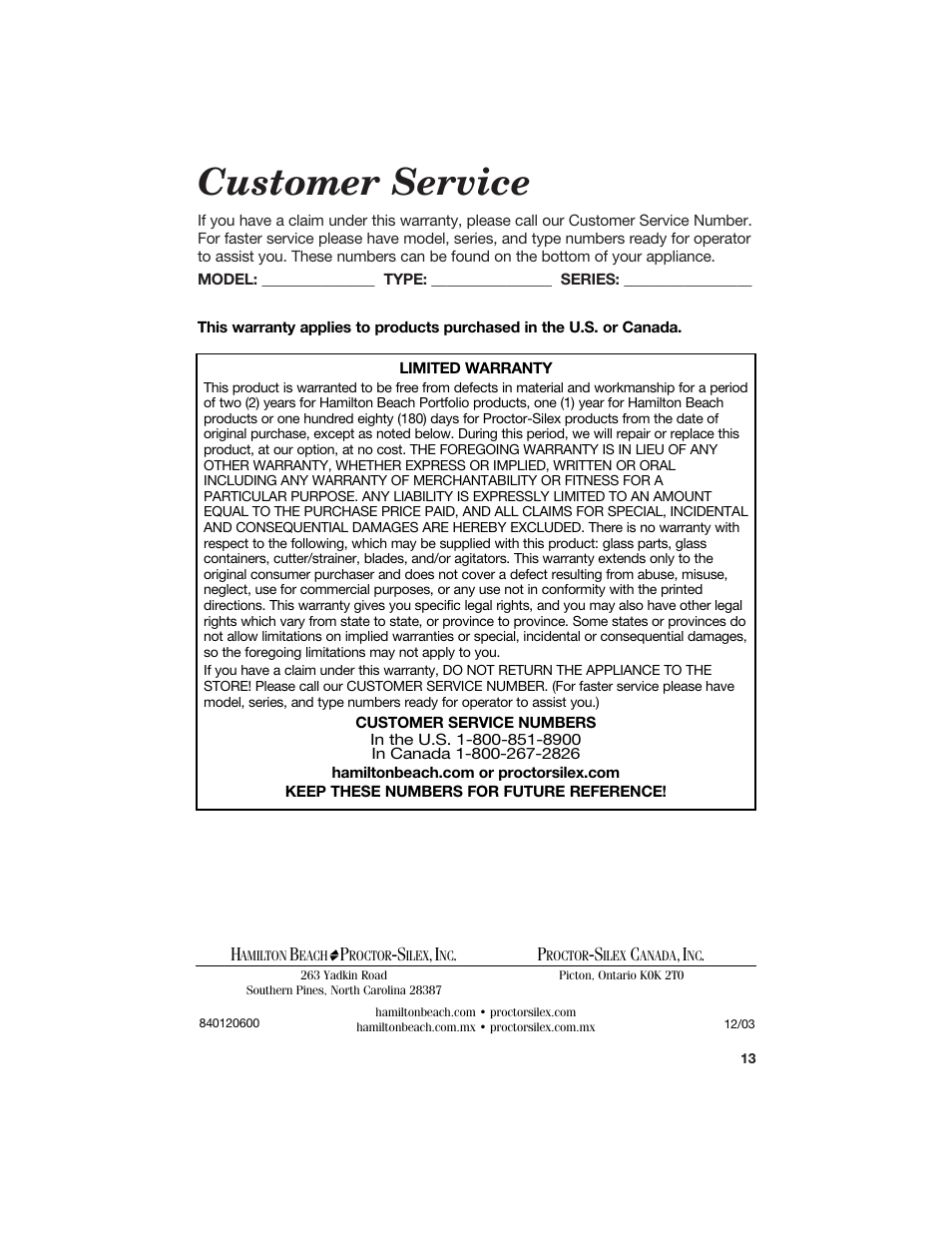 Customer service | Hamilton Beach Ice Cream and Frozen Yogurt Maker User Manual | Page 13 / 13