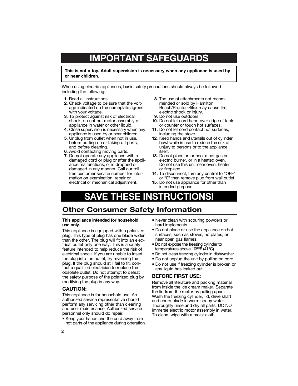 Important safeguards save these instructions, Other consumer safety information | Hamilton Beach Ice Cream and Frozen Yogurt Maker User Manual | Page 2 / 13