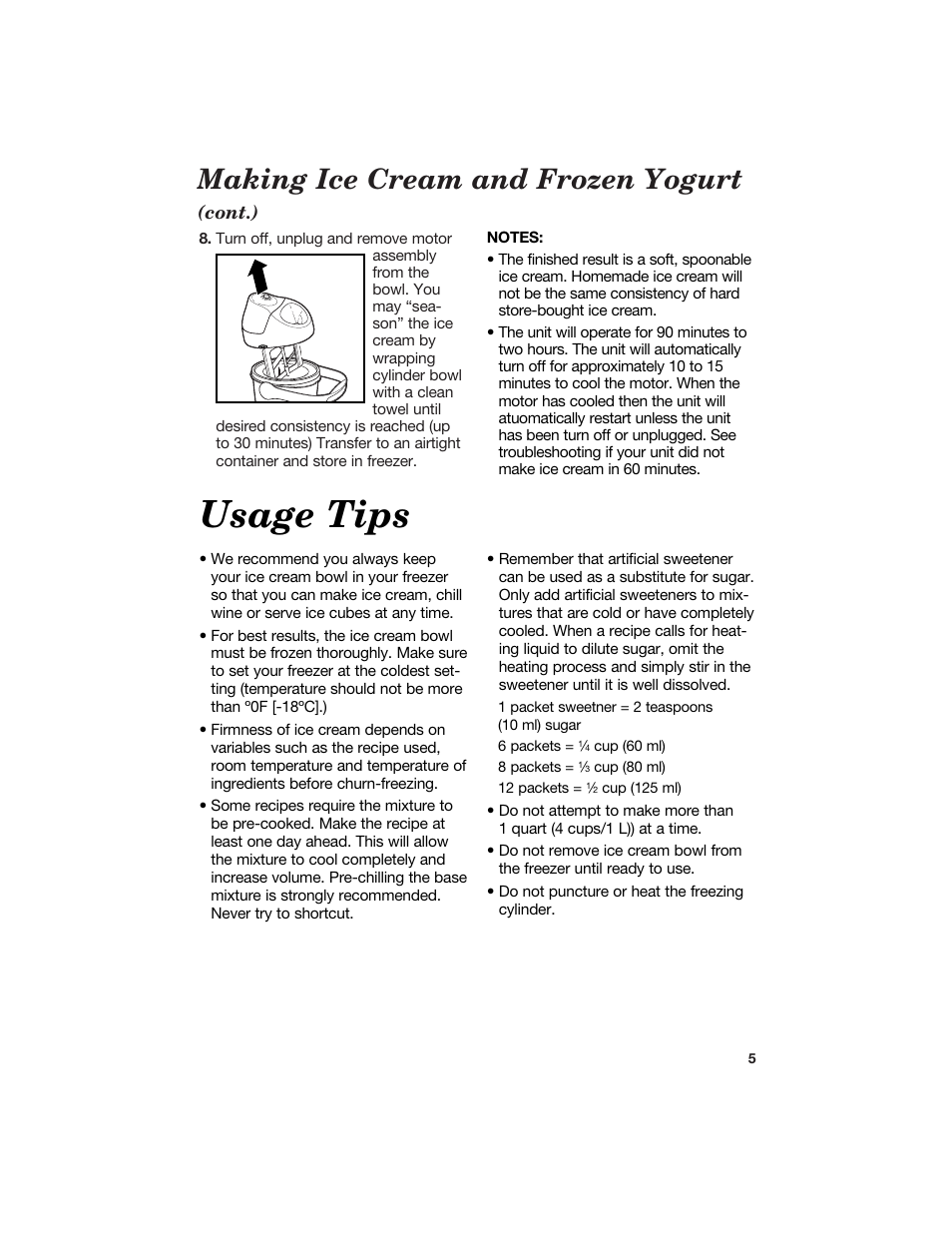 Usage tips, Making ice cream and frozen yogurt | Hamilton Beach Ice Cream and Frozen Yogurt Maker User Manual | Page 5 / 13